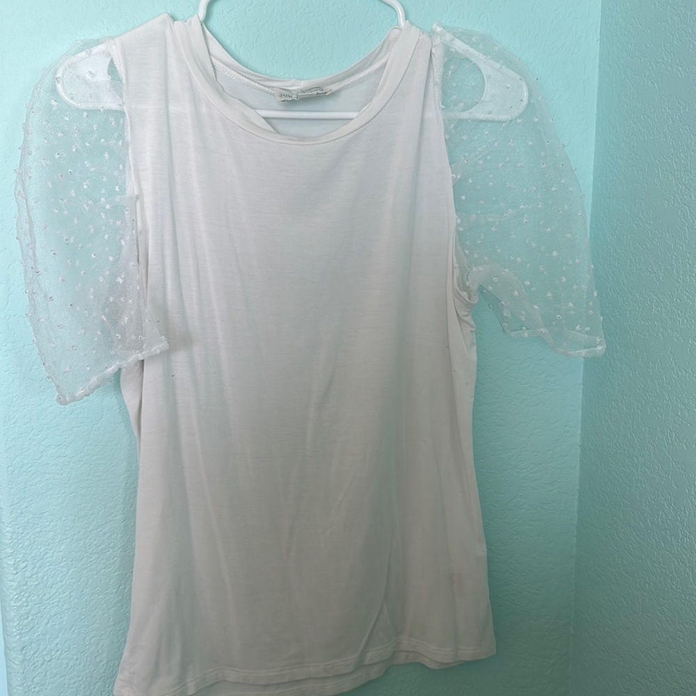 Francescas white mesh dot puff sleeve soft t shirt basic layering cute top